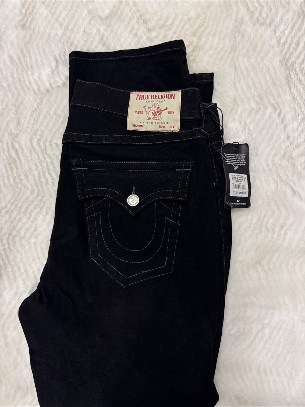 Men's True Religion Ricky Flap Relaxed Straight Black Jeans,  Sz 34 New